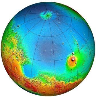 Nord de Mart en color fals. La regi&oacute; blava &eacute;s Conca Borealis.